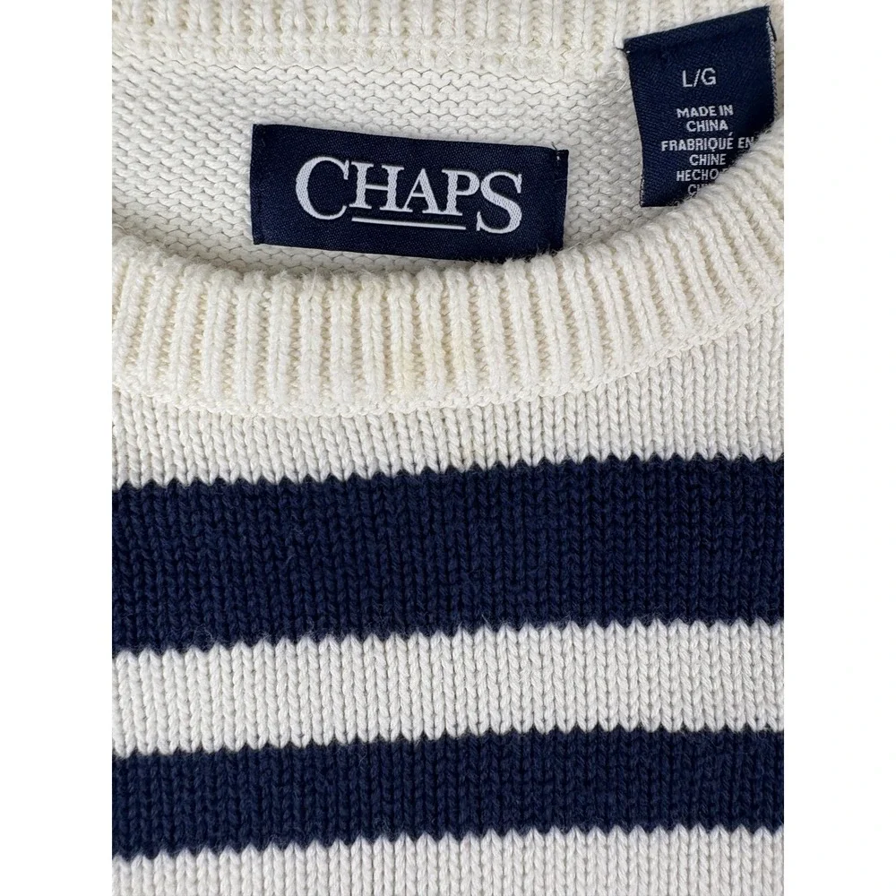 Chaps Mens Cotton Crewneck Sweater Large White Navy Blue Nautical Knit‎ Pullover